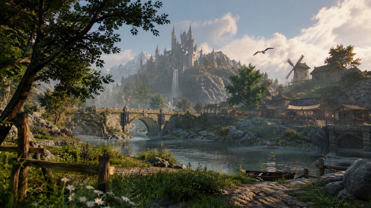 Realistic medieval RPG fortress environment, wide establishing view