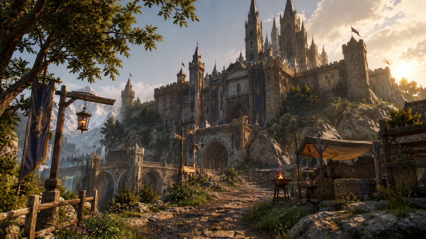 Realistic medieval RPG fortress environment, village and river