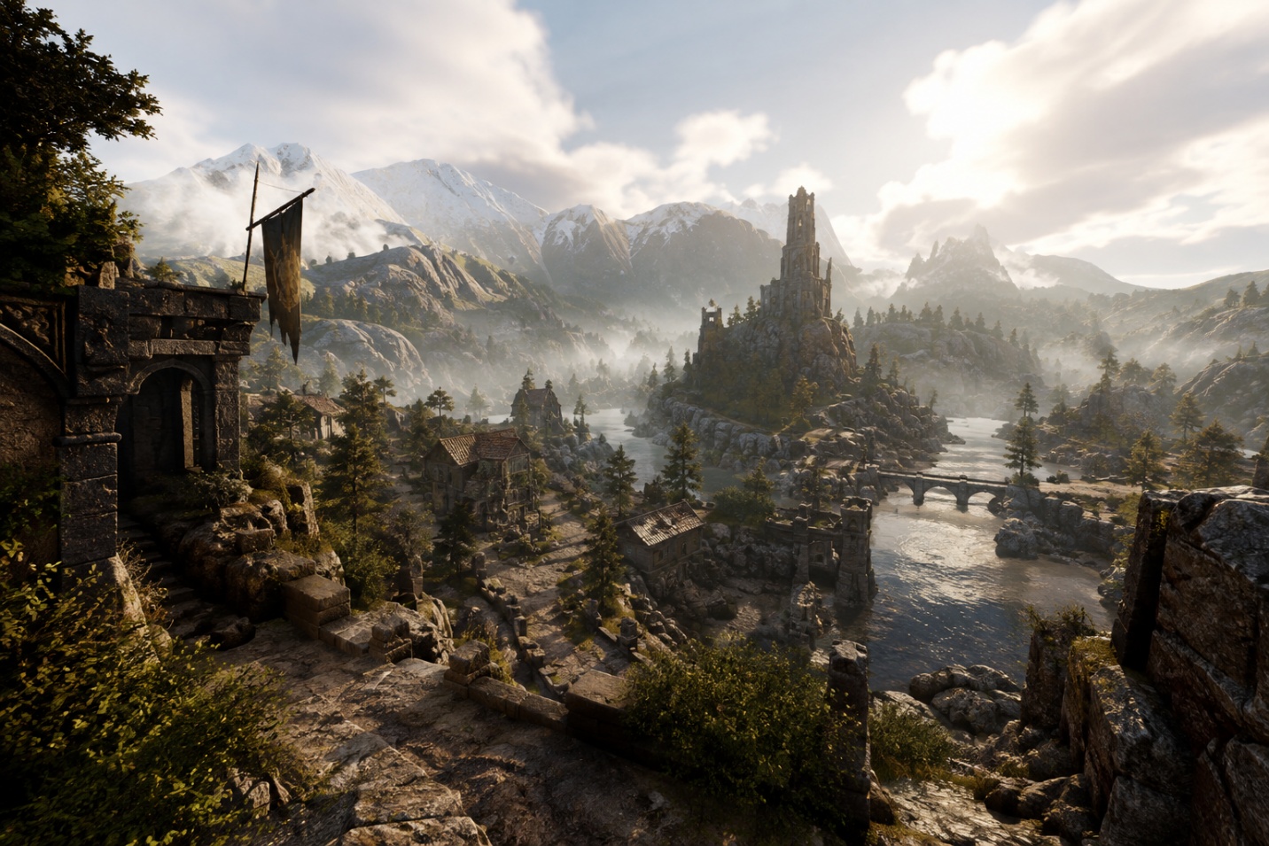 Medieval fantasy mountain valley environment, wide establishing view