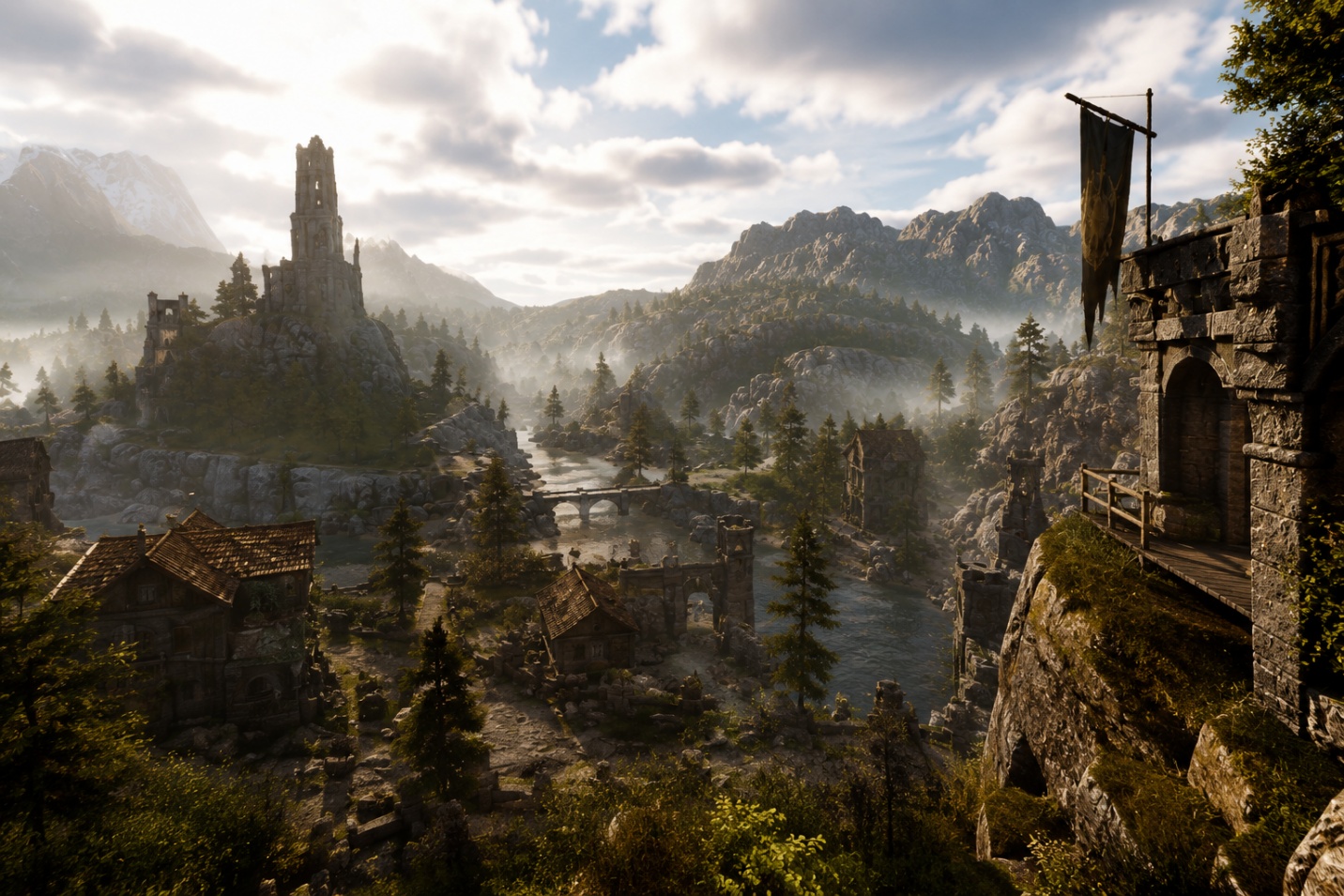 Medieval fantasy mountain valley environment, riverside village and fortress