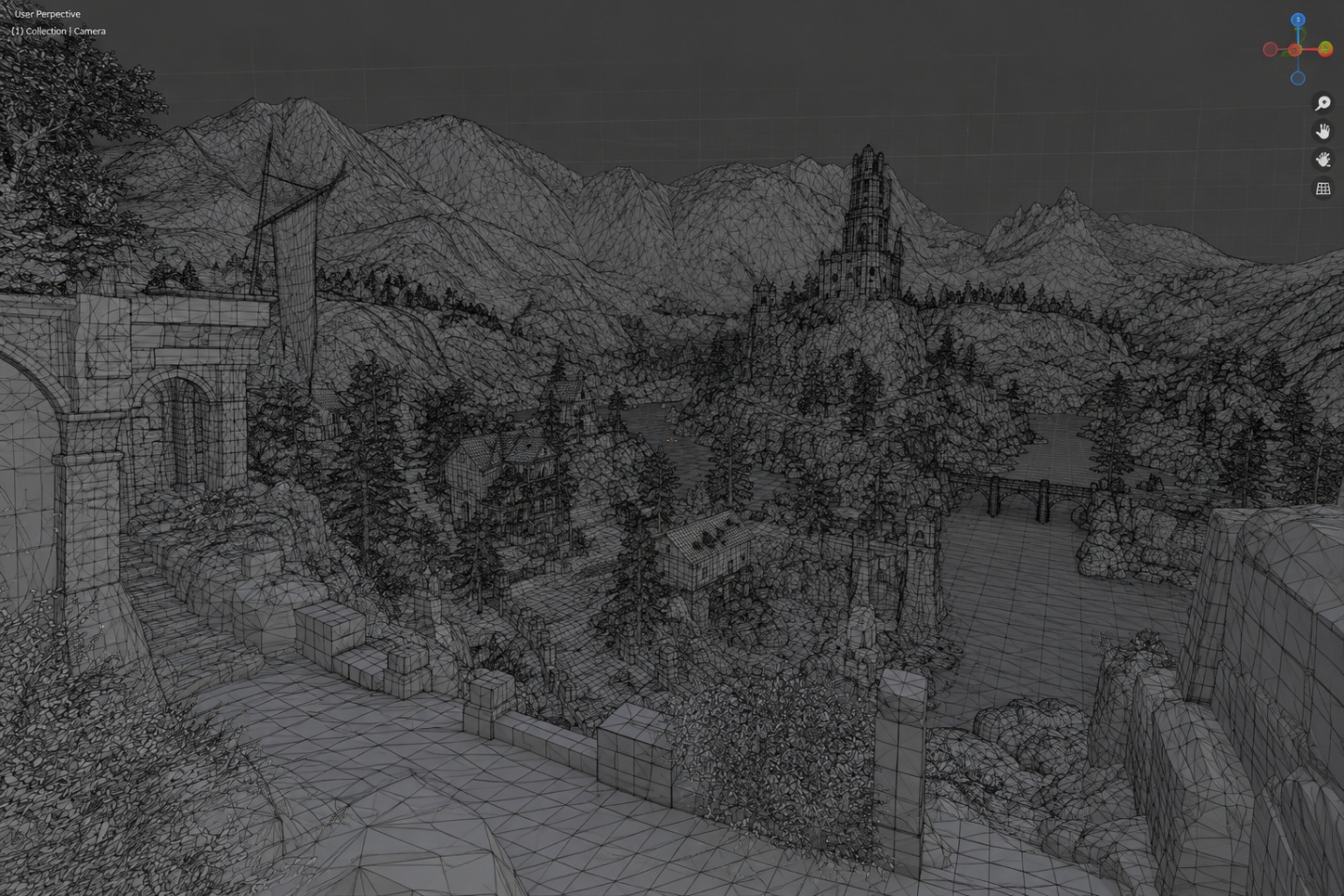 Medieval fantasy mountain valley environment, alternate angle
