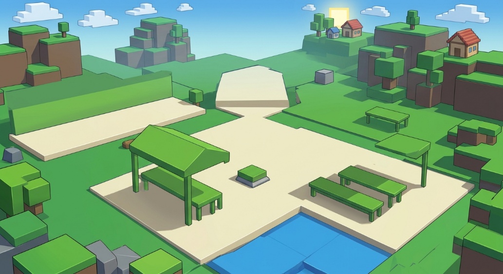 Voxel-style Roblox village map